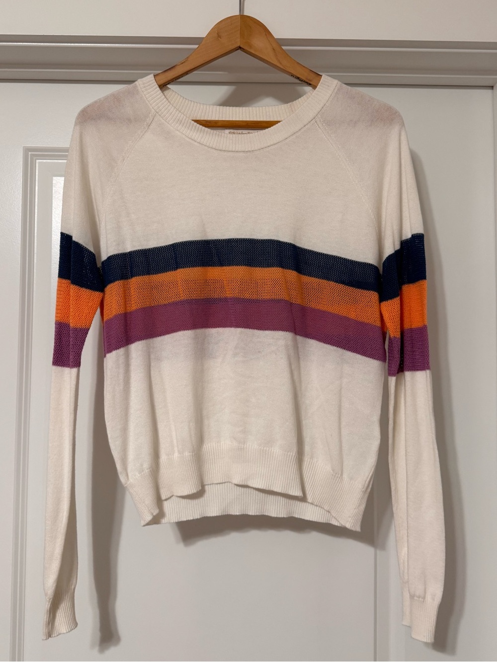 Spiritual Gangster Striped COOLMAX Knit Sweater Women’s L Cream Navy Orange Purp